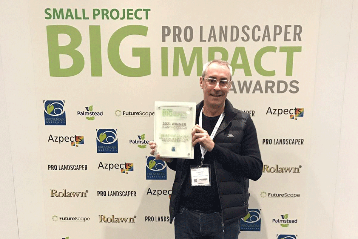 Adam Vetere winning the Pro Landscaper Small Project Big Impact Award for Planting Design 2021